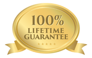 A gold badge with the words 100 % lifetime guarantee.